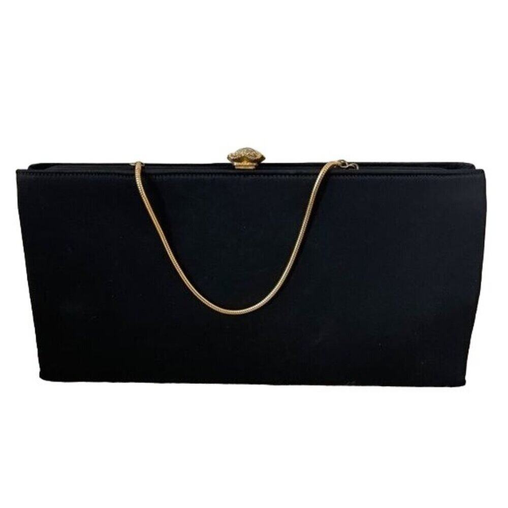Vintage Black Satin Floral Kiss Lock Clutch Purse 4 Pockets Gold Color Chain